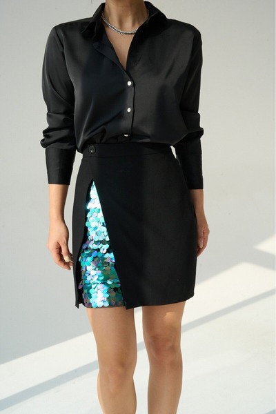 Bliss Dale Black Slit Skirt with Shiny Sequin Detail