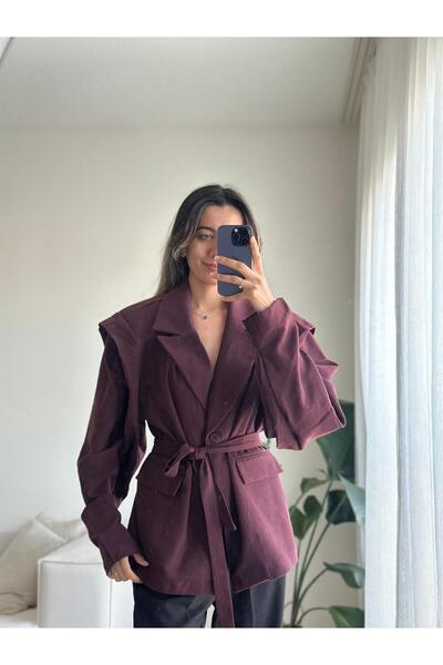 MODA Burgundy Maribo Padded Shoulders Belted Jacket