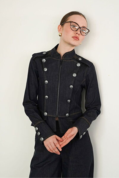 LOKADI Women's Navy Blue Denim Military Style Gold Button Detailed Zippered J...