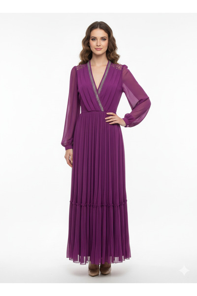 star form Taş Detaylı Pliseli Kruvaze Abiye Elbise