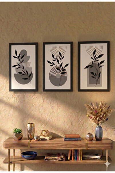 Dekorobi Çerçeveli Modern Bohem 3'lü Soyut Yaprak Tablo Seti - Boho Duvar Dekoru