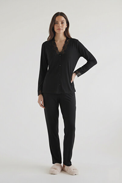 Espuar Women's Pajama Set, V-Neck, Lace Pieces, Button-Front , Long Sleeve, P...