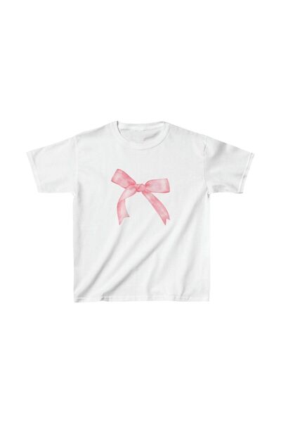 Violon Pink Aesthetic Bow Printed White T-Shirt