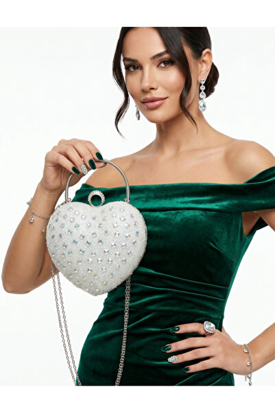 Çanta Trend Women's Stoned Hand-Embellished and Long Heart-Shape Model Evenin...