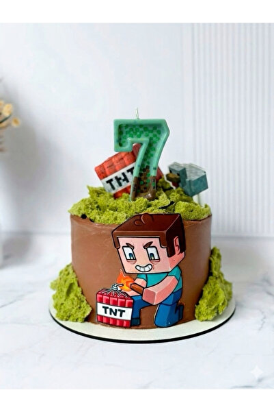 Mis Mum Studio Minecraft Temalı 7 Rakam Pasta Mumu – El Boyamalı Doğum Günü P...