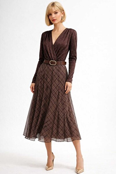 EGZOTİK ASORTİK حزام لي بنقش مربعات تنورة شيفون