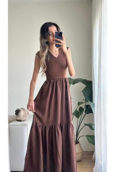 MODA Brown Poplin Fabric Maxi Women's Dress