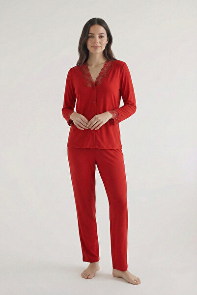 Espuar Women's Pajama Set, V-Neck, Lace Pieces, Button-Front , Long Sleeve, P...