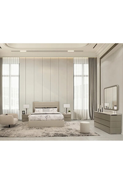 Midas Furniture طقم غرفة نوم بابيا بدون خزانة ملابس، مقاس كينغ ، بيج