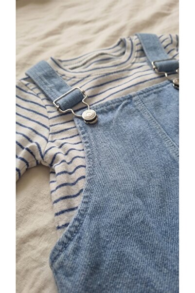 Sabi Bebek Çizgili Uzun Kollu Çizgili Tişört Denim Salopet İkili Takım