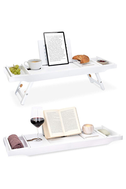 Navaris Extendable Bamboo Bathtub Tray, 75–108 cm, Serving Tray with Book, Ta...
