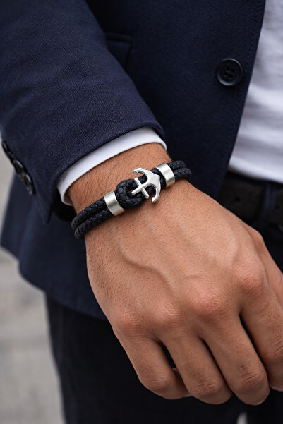 OEM Bracelet with double black braided cord and silver metal anchor, anchor c...