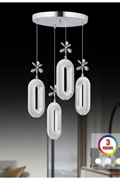 EY-EL TASARIM 4 LÜ DEFNE 3 RENK MODLU KRİSTAL TAŞLI LEDLİ SARKIT AVİZE