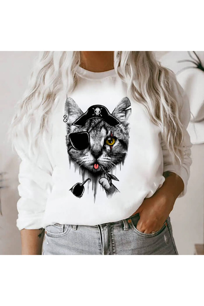 Kartier Women's White Pirate Cat Blouse