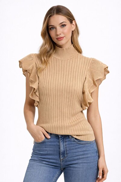 Kutaf Beige Ruffle Sleeve Detail Half Turtleneck Corded Fabric Knitwear Blous...