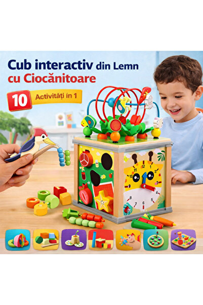 OEM Cub de activități din lemn cu ciocan – Jucărie 10 în 1