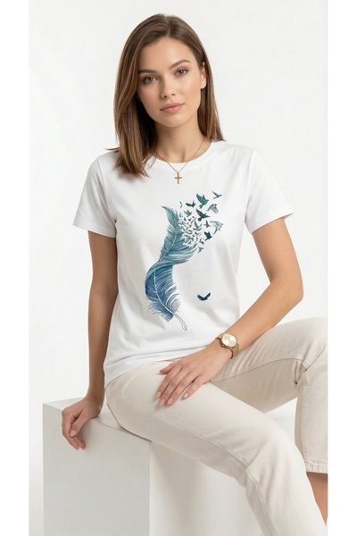 NİCE Women's Oversized T-Shirt Green Feather Printed White – Crew Neck, 100% ...