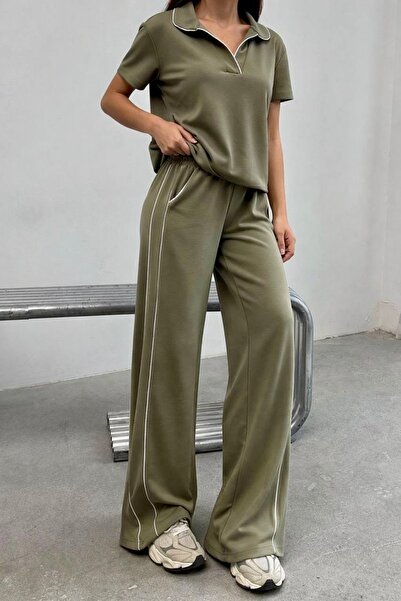 DAME Women's Polo Collar Striped Oversized Modal Tracksuit Set