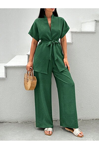 ELORA BOUTİQE Kadın Yeşil Yazlık Kimono Yaka Bol Paça Pantolon Takım
