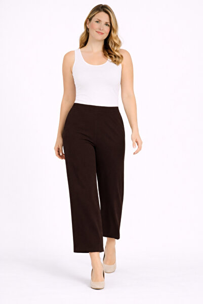 Şans Women's Plus Size Brown, Elastic Waist, Wide Leg Crepe Pants 65N39373