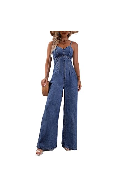 StreetWear Outlet Denim Jumpsuit for Women, with Thin Straps, Loose Fit and Z...