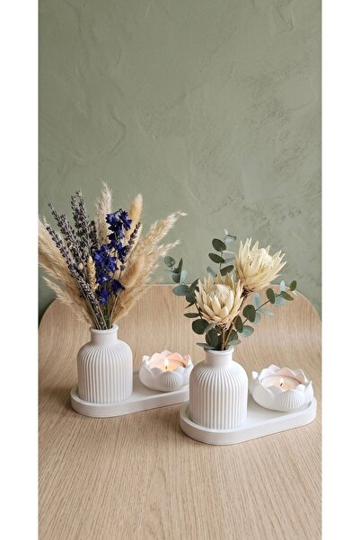 LİSYANTUS HOME 2 SET (3’lü) Dekoratif Modern Minimal Vazo Lotus Mumluk Tabak ...