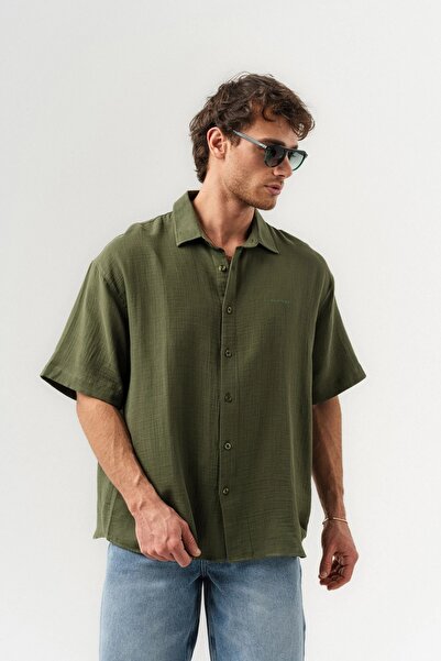 go gang own Mach Basic Muslin Λινό Υφασμάτινο κοντομάνικο πουκάμισο oversized