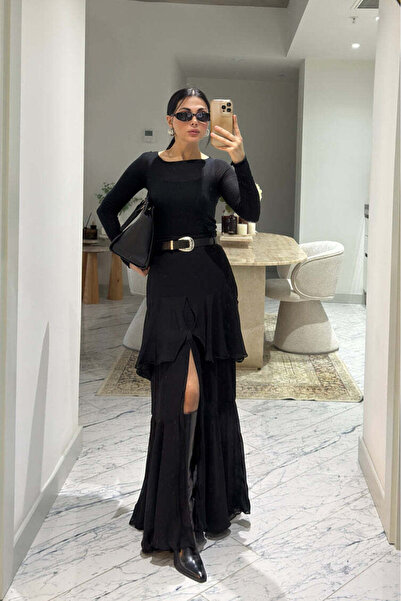 manana fashion Σιφόν φούστα με βολάν Ζώνη στρώσεων