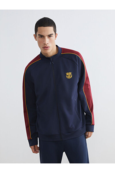 LC Waikiki Lacivert Dik Yaka Barcelona Baskılı Erkek Fermuarlı Sweatshirt