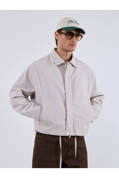 Chirkef Men's Ecru Classic Collar Zipper Closure Design Jacket Jacket