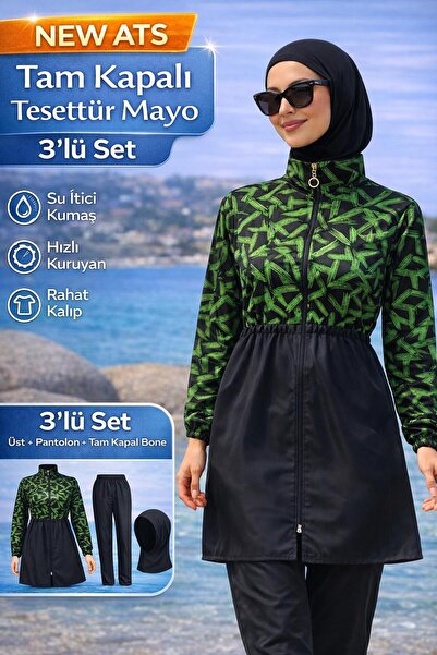 new ats Fully Covered Patterned Hijab Conservative Swimsuit 3-Piece Set Parac...