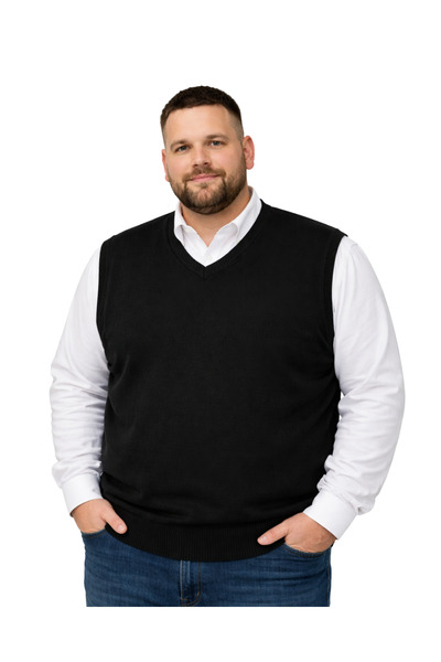 BattalModa Erkek Büyük Beden Siyah V Yaka Süveter 3XL-4XL-5XL-6XL