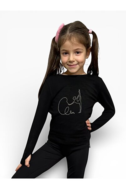 She Can Wear Parmak Geçmeli Uzun Kol Siyah Tişört Taş Baskılı Kurdeleli Cimna...