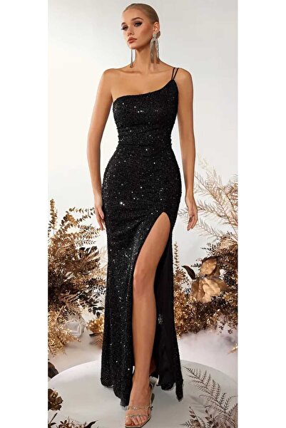 Hanife Glam Couture Hanife Glam tek omuzlu pul payet abiye elbise