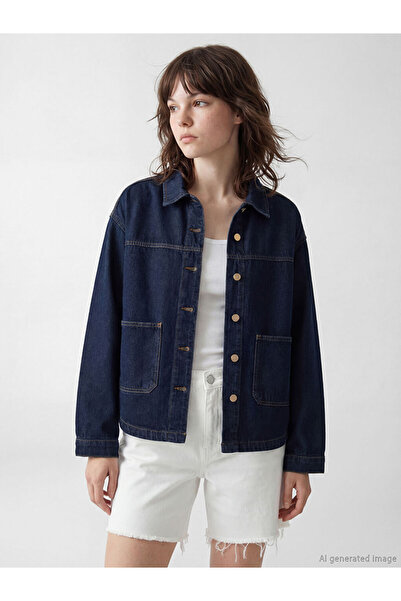 LC Waikiki Xside Navy Blue Shirt Collar Oversized Women's Jean Jacket from Cc...