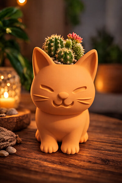 Otscraft Studio Kedi Sukulent Saksısı 3D Baskı Dekoratif Çiçek Saksısı Masaüs...