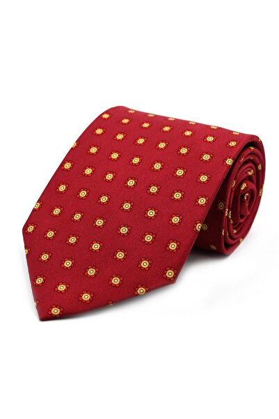 Sade Kravat Koyu Kırmızı Sarı Küçük Nokta Desenli Baskılı İpek Kravat 33274 K...