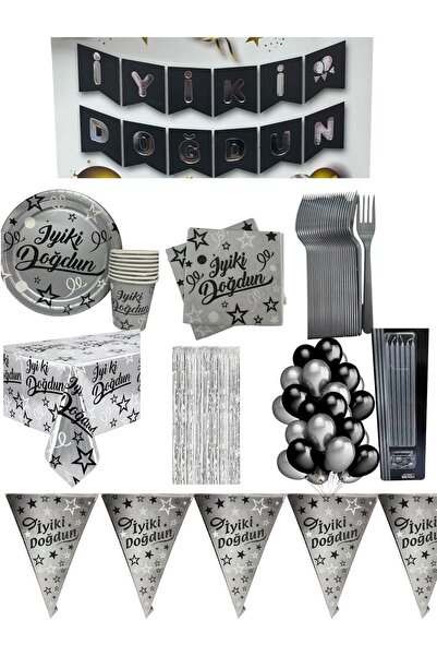 CAVAŞ sun hat gümüş siyah İyi Ki Doğdun Doğum Günü Parti Seti - 8 Kişilik Lük...