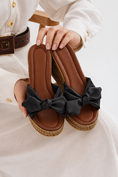 STOCON Papuci de damă cu toc înalt, fundă neagră talpă wedge Papuci de damă c...