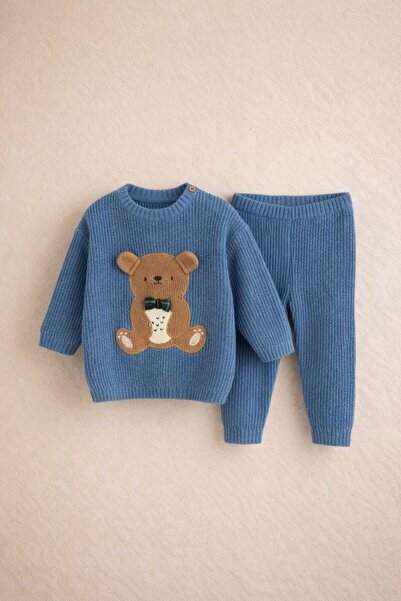Next Baby Cotton Piece Knitted Blue Bear Patterned Premium Top and Bottom Set