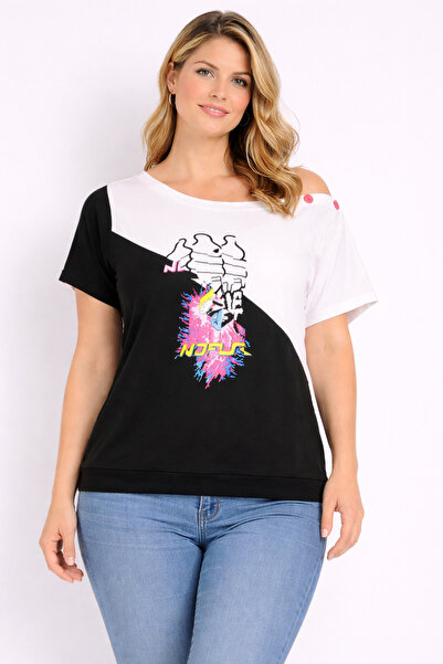 Şans Women's Plus Size Black-White, Boat Neck, Shoulder Detail , Printed Blou...