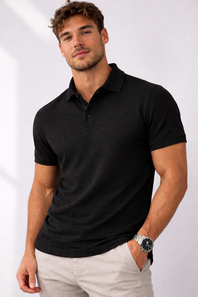QS Men's Polo Neck Slim Fit Basic T-Shirt Stretch Fabric