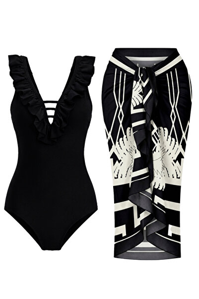 CUPSEA Slimming Effect Ruffled Front Black Swimsuit E Ethnic Patterned Pareo ...