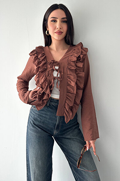 Noa&Noa Women's Ruffle Detail Tie-Up Blouse – Stylish Long Sleeve Ruffled Blouse