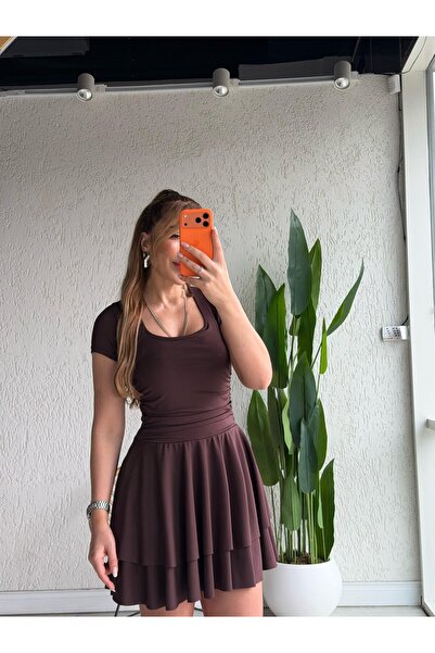 QİMYA BUTİK Buketli̇ Women's Slim Sc Scuba Umaş Skirt Double Layer Square Col...