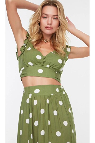 marvion Puantiyeli Dokuma Volanlı Plaj Bluz Etek Takım