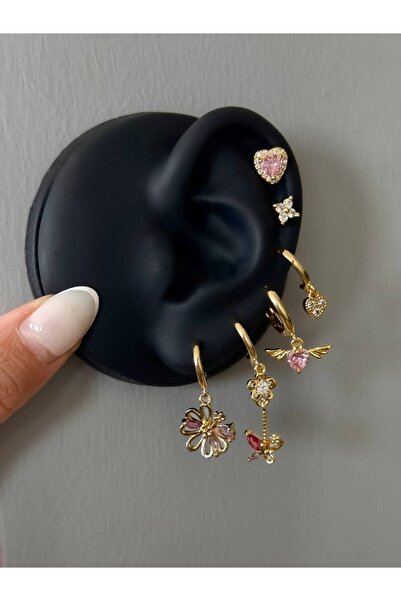 h&b design jewel Pembe Kalp Detay 6 Lı Küpe Seti