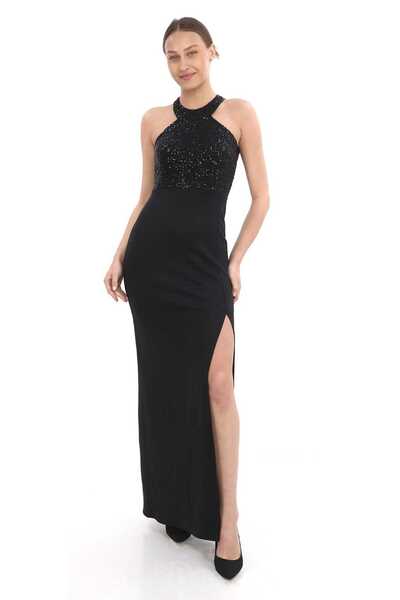 Hanife Glam Couture Hanife Glam payet detaylı halter yaka krep elbise