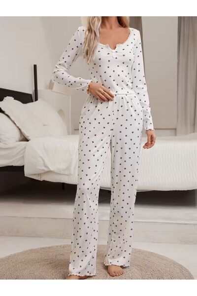 KADİRCE Long Sleeve Long Leg Piece Ribbon Patterned Pajama Set