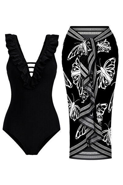 CUPSEA Slimming Effect Ruffled Front Black Swimsuit Kelebek D Patterned Pareo...